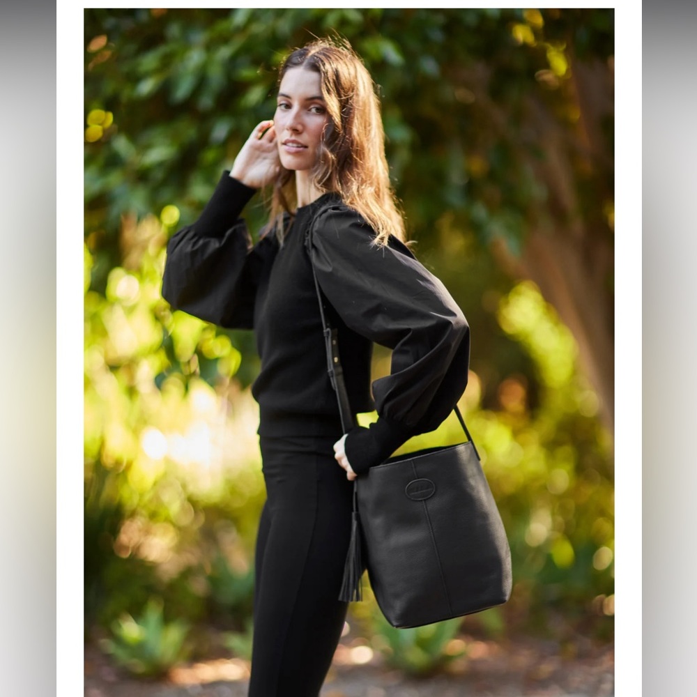 NWT M.I.L.A Made in Los Angeles premium black leather bucket bag with tags